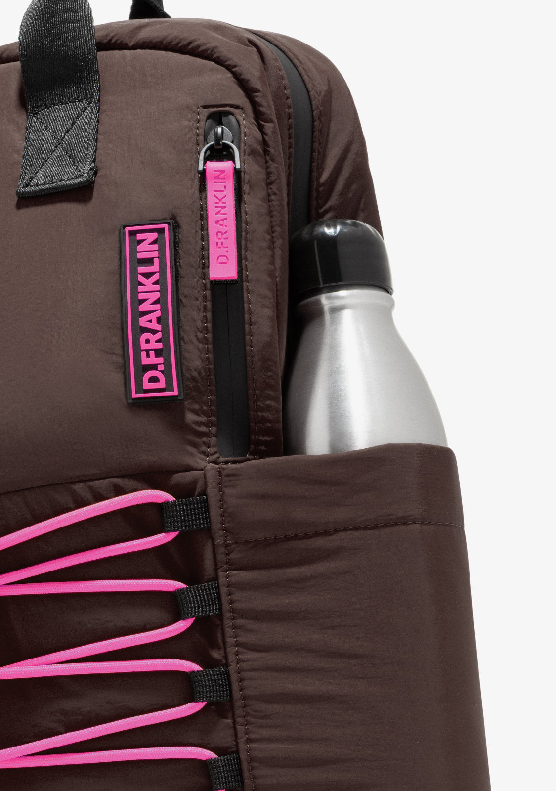 Multi-Pocket Nylon Backpack Brown + Custom Set Fuchsia