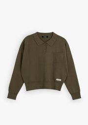 Army Green Relaxed Knit Polo Sweater